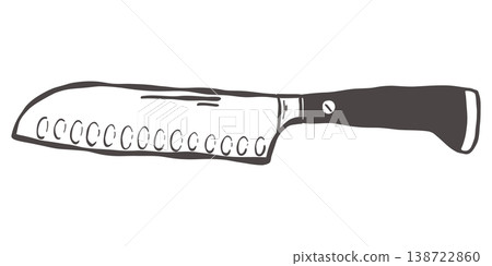 Santoku chef knife for kitchen cutting in hand drawn vintage style 138722860