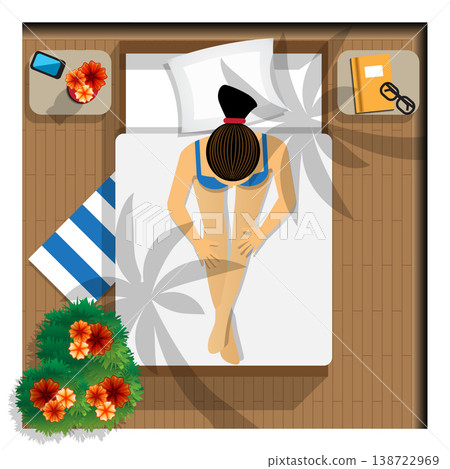 The girl in the morning in bed. View from above. Vector illustration. The girl in the morning in bed. View from above. Vector illustration. 138722969
