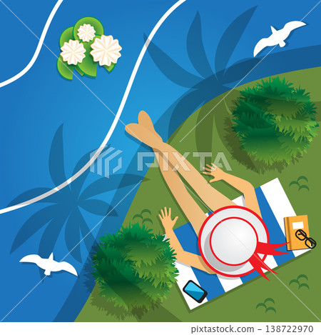 The girl in the hat on the beach. View from above. Vector illustration.  138722970