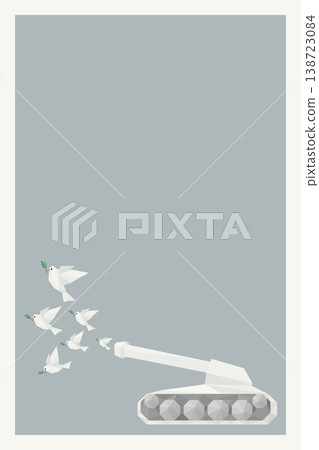 Abstract polygon flock of peace doves carrying olive branch flew out from the muzzle of the military tank's cannon on gray vertical background have blank space. Abstract polygon flock of peace doves carrying olive branch flew out from the muzzle of the military tank's cannon on gray vertical background have blank space. 138723084