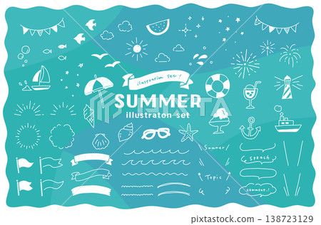 Hand-drawn summer and ocean illustration set: beach, watermelon, fireworks, frame, speech bubble, marine, waves, ribbon, yacht. 138723129