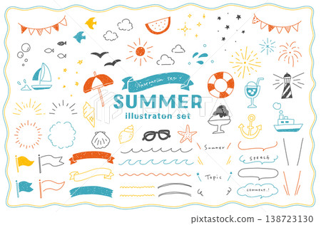 手繪夏季海洋插畫集:沙灘、西瓜、煙火、邊框、對話框、海洋、波浪、緞帶、遊艇。 手繪夏季海洋插畫集:沙灘、西瓜、煙火、邊框、對話框、海洋、波浪、緞帶、遊艇。 138723130