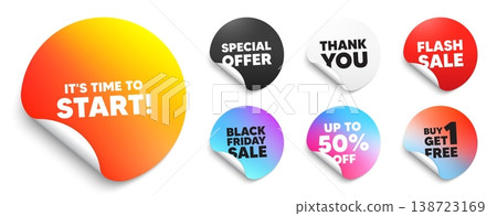 Time to start sticker tag. Special offer paper price tags. It is time to start tag. Special offer sign. Advertising discounts symbol. Discount, black friday sticker. Promo banner. Vector 138723169