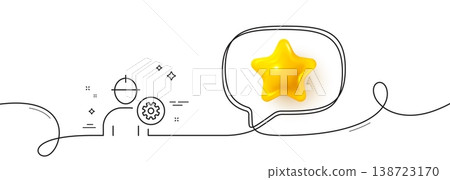 Worker line icon. Continuous line with 3d star. Engineer Profile with cogwheel sign. Male Person silhouette symbol. 3d star in speech bubble. Engineer single line ribbon. Loop curve pattern. Vector 138723170