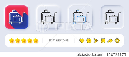 Luggage trolley line icon. Neumorphic, Flat shadow, 3d buttons. Suitcase bag sign. Baggage claim symbol. Line luggage trolley icon. Social media icons. Vector Luggage trolley line icon. Neumorphic, Flat shadow, 3d buttons. Suitcase bag sign. Baggage claim symbol. Line luggage trolley icon. Social media icons. Vector 138723175