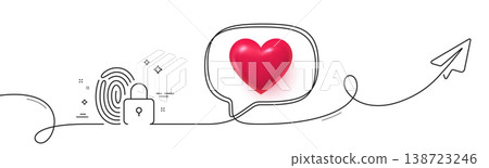 Lock line icon. Continuous line with share plane. Fingerprint access sign. Security padlock symbol. 3d heart in speech bubble. Lock single line ribbon. Loop curve pattern. Vector Lock line icon. Continuous line with share plane. Fingerprint access sign. Security padlock symbol. 3d heart in speech bubble. Lock single line ribbon. Loop curve pattern. Vector 138723246