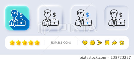 Businessman with Case line icon. Neumorphic, Flat shadow, 3d buttons. Diplomat with Dollar sign. Line businessman case icon. Social media icons. Vector Businessman with Case line icon. Neumorphic, Flat shadow, 3d buttons. Diplomat with Dollar sign. Line businessman case icon. Social media icons. Vector 138723257