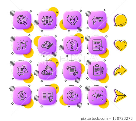 Clipboard, Chemistry lab and Musical note line icons. App 3d buttons. Social media comment, share, like icons. Pack of Dollar exchange, Internet report, Keywords icon. Vector Clipboard, Chemistry lab and Musical note line icons. App 3d buttons. Social media comment, share, like icons. Pack of Dollar exchange, Internet report, Keywords icon. Vector 138723273