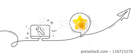 Spanner tool line icon. Continuous line with share plane. Monitor or computer repair service sign. Fix instruments symbol. 3d star in speech bubble. Monitor repair single line ribbon. Vector Spanner tool line icon. Continuous line with share plane. Monitor or computer repair service sign. Fix instruments symbol. 3d star in speech bubble. Monitor repair single line ribbon. Vector 138723278