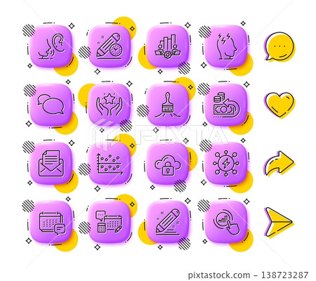 Brand contract, Project deadline and Account line icons. App 3d buttons. Social media comment, share, like icons. Pack of Whisper, Ranking, Cash back icon. Vector Brand contract, Project deadline and Account line icons. App 3d buttons. Social media comment, share, like icons. Pack of Whisper, Ranking, Cash back icon. Vector 138723287