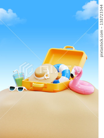 3D Summer Vacation Background with Suitcase and Copy Space for Text 138723344