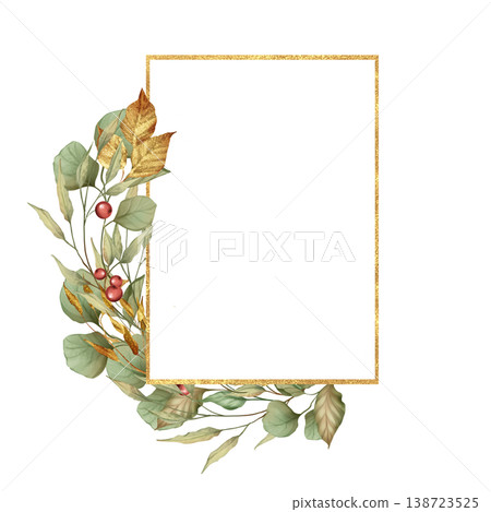 Elegant gold rectangular frame decorated with hand drawn autumn leaves and red berries. Botanical fall aesthetic, perfect for wedding invitations, greeting cards, seasonal decor or stationery. Elegant gold rectangular frame decorated with hand drawn autumn leaves and red berries. Botanical fall aesthetic, perfect for wedding invitations, greeting cards, seasonal decor or stationery. 138723525