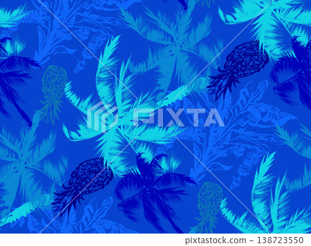 A blue monochrome summer tropical pattern with palm trees and pineapples painted with dry brush. A blue monochrome summer tropical pattern with palm trees and pineapples painted with dry brush. 138723550