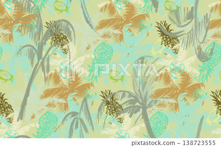 Multicolored modern beach print. Seamless pattern with hand-drawn fruits and palm trees. Multicolored modern beach print. Seamless pattern with hand-drawn fruits and palm trees. 138723555