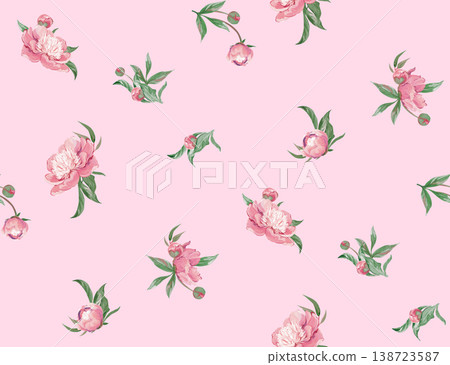 Botanical pattern with realistic peonies. Sparse textile pattern. Seamless print with pink peonies for the design 138723587