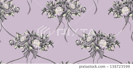 Seamless pattern with peonies in the style of a feminine 90s doll in shades of pink with peonies and bows, ribbons Seamless pattern with peonies in the style of a feminine 90s doll in shades of pink with peonies and bows, ribbons 138723599