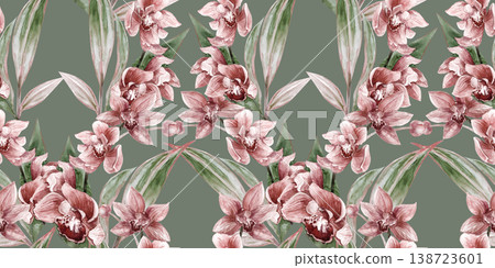 Seamless pattern with Sprig of watercolor vertical orchid flowers isolated on beige Seamless pattern with Sprig of watercolor vertical orchid flowers isolated on beige 138723601