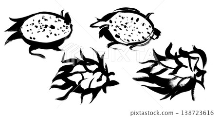 Set with illustration pttahaya tropical fruit silhouettes painted isolated on white in gouache Set with illustration pttahaya tropical fruit silhouettes painted isolated on white in gouache 138723616
