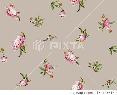 Botanical pattern with realistic peonies. Sparse textile pattern. Seamless print with pink peonies for the design Botanical pattern with realistic peonies. Sparse textile pattern. Seamless print with pink peonies for the design 138723617