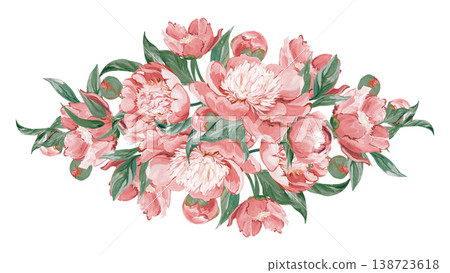 Bouquet of flowers pink peonies and botanical elements isolated Bouquet of flowers pink peonies and botanical elements isolated 138723618