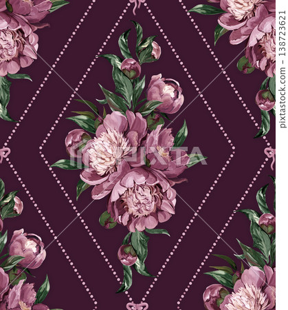 Seamless dark pattern in a diamond. Botanical print with peonies in a retro vintage style from the early 20th century Seamless dark pattern in a diamond. Botanical print with peonies in a retro vintage style from the early 20th century 138723621