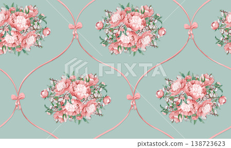 Vintage pattern with flowers and bows in a classic grid pattern for wallpaper, packaging, and textiles for women Vintage pattern with flowers and bows in a classic grid pattern for wallpaper, packaging, and textiles for women 138723623