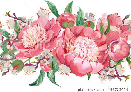 Ribbon seamless ornament with pink peony flowers for the design and decoration of wallpaper, packaging Ribbon seamless ornament with pink peony flowers for the design and decoration of wallpaper, packaging 138723624