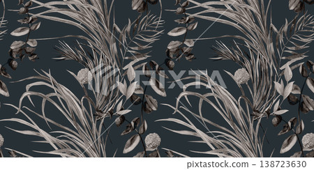 Seamless monochrome pattern with graceful branches of tropical leaves painted in watercolor for textiles 138723630
