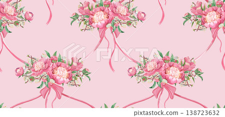 Seamless pattern with peonies in the style of a feminine 90s doll in shades of pink with peonies and bows, ribbons Seamless pattern with peonies in the style of a feminine 90s doll in shades of pink with peonies and bows, ribbons 138723632
