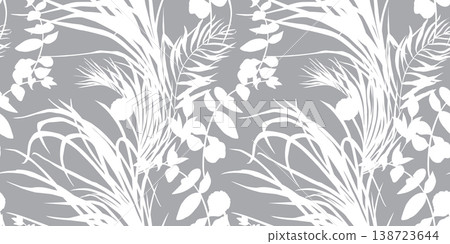 Seamless monochrome pattern with graceful branches of tropical leaves with silhouettes for textiles 138723644