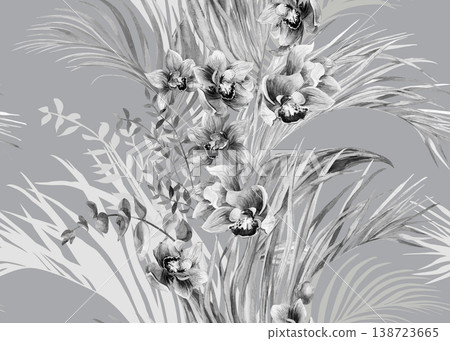 Seamless monochrome pattern with a bouquet of orchids and tropical leaves painted in watercolor for textiles on grey Seamless monochrome pattern with a bouquet of orchids and tropical leaves painted in watercolor for textiles on grey 138723665