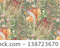 Seamless pattern with herbs and palm leaves and pampas grass 138723670