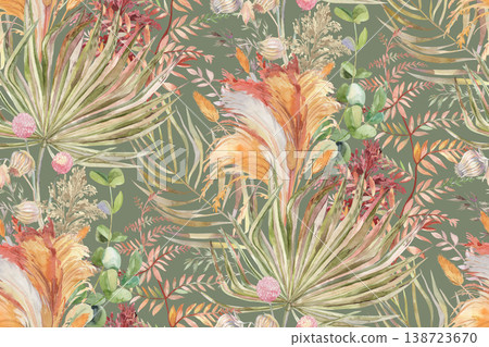 Seamless pattern with herbs and palm leaves and pampas grass 138723670