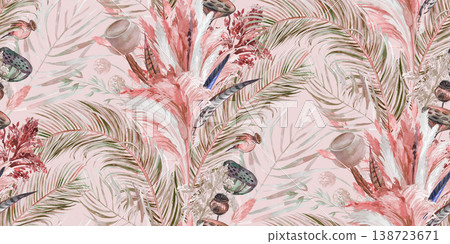 Seamless pattern with dry tropical palm leaves and pampas grass painted in watercolor Seamless pattern with dry tropical palm leaves and pampas grass painted in watercolor 138723671