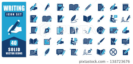 Writing Solid Icon Set Featuring Bold Vector Symbols Of Pens, Documents, Notes, And Creative Tools. Clean Modern Style Ideal For Web, Apps, Education, Blogging, And Content Creation. 138723676