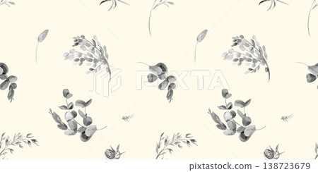 Seamless sparse black and white watercolor pattern with botanical elements for women is and home textiles 138723679