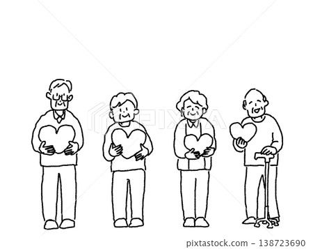Four elderly people holding hearts, line drawing 138723690
