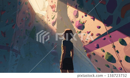 一名女攀岩者在挑戰開始前，抬頭望向沐浴在陽光下的岩壁。 138723732