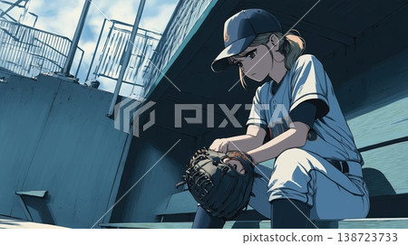 A quiet moment for female baseball players to compose themselves on the bench. 138723733
