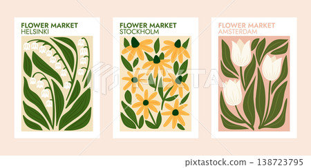Modern flower market wall art bundle with floral illustrations. Flower market botanical poster collection inspired by global cities. Modern flower market wall art bundle with floral illustrations. Flower market botanical poster collection inspired by global cities. 138723795