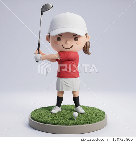 一幅以高爾夫為主題的圖片。一位年輕女子手持高爾夫球桿。人物造型。 138723800