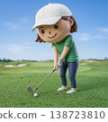 一張高爾夫球相關的圖片。一位年輕女子正準備擊球。人物造型。高爾夫球場。 138723810