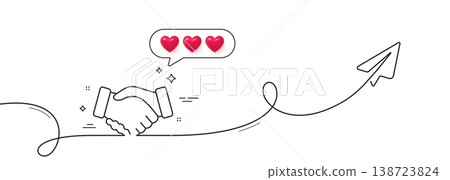 Handshake line icon. Continuous line with share plane. Hand gesture sign. Business deal palm symbol. Hearts rate review in speech bubble. Handshake single line ribbon. Loop curve pattern. Vector 138723824