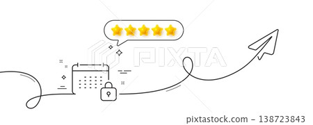 Calendar locked line icon. Continuous line with share plane. Annual planner sign. Event schedule symbol. Five star rate review in speech bubble. Calendar single line ribbon. Loop curve pattern. Vector Calendar locked line icon. Continuous line with share plane. Annual planner sign. Event schedule symbol. Five star rate review in speech bubble. Calendar single line ribbon. Loop curve pattern. Vector 138723843