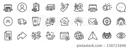 Swipe up, Business vision and Paint brush line icons pack. Share, Message, Paper plane icons. Cancel flight, Inspect, Sunscreen web icon. Truck delivery, World brand, Headshot pictogram. Vector 138723846