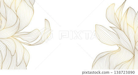 Luxury gold floral pattern on white background, elegant line flowers, decorative leaves frame, border. Vintage vector illustration, Chinese and Japanese motif, botanical style, wedding invitation Luxury gold floral pattern on white background, elegant line flowers, decorative leaves frame, border. Vintage vector illustration, Chinese and Japanese motif, botanical style, wedding invitation 138723890