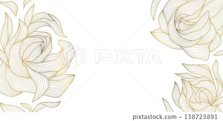 Luxury gold floral pattern on white background, elegant line flowers, decorative leaves frame, border. Vintage vector illustration, Chinese and Japanese motif, botanical style, wedding invitation 138723891
