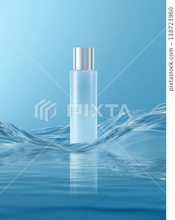 一張乾淨清爽的產品圖片，展示了一瓶護膚品的正面，瓶身被一團旋轉的藍色水漩渦包裹著。 138723960