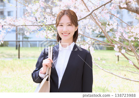 A young woman in a business suit smiles under cherry blossoms – an image of spring job hunting. A young woman in a business suit smiles under cherry blossoms – an image of spring job hunting. 138723988