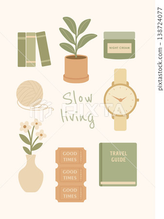 Pastel minimalist slow living lifestyle elements. Vintage inspired slow living vector art. Pastel minimalist slow living lifestyle elements. Vintage inspired slow living vector art. 138724077